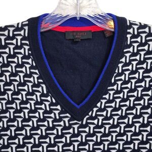 Ted Baker Golf Tee Sweater Vest 5/XL Mens Merino Wool V Neck Graphic Thin Knit